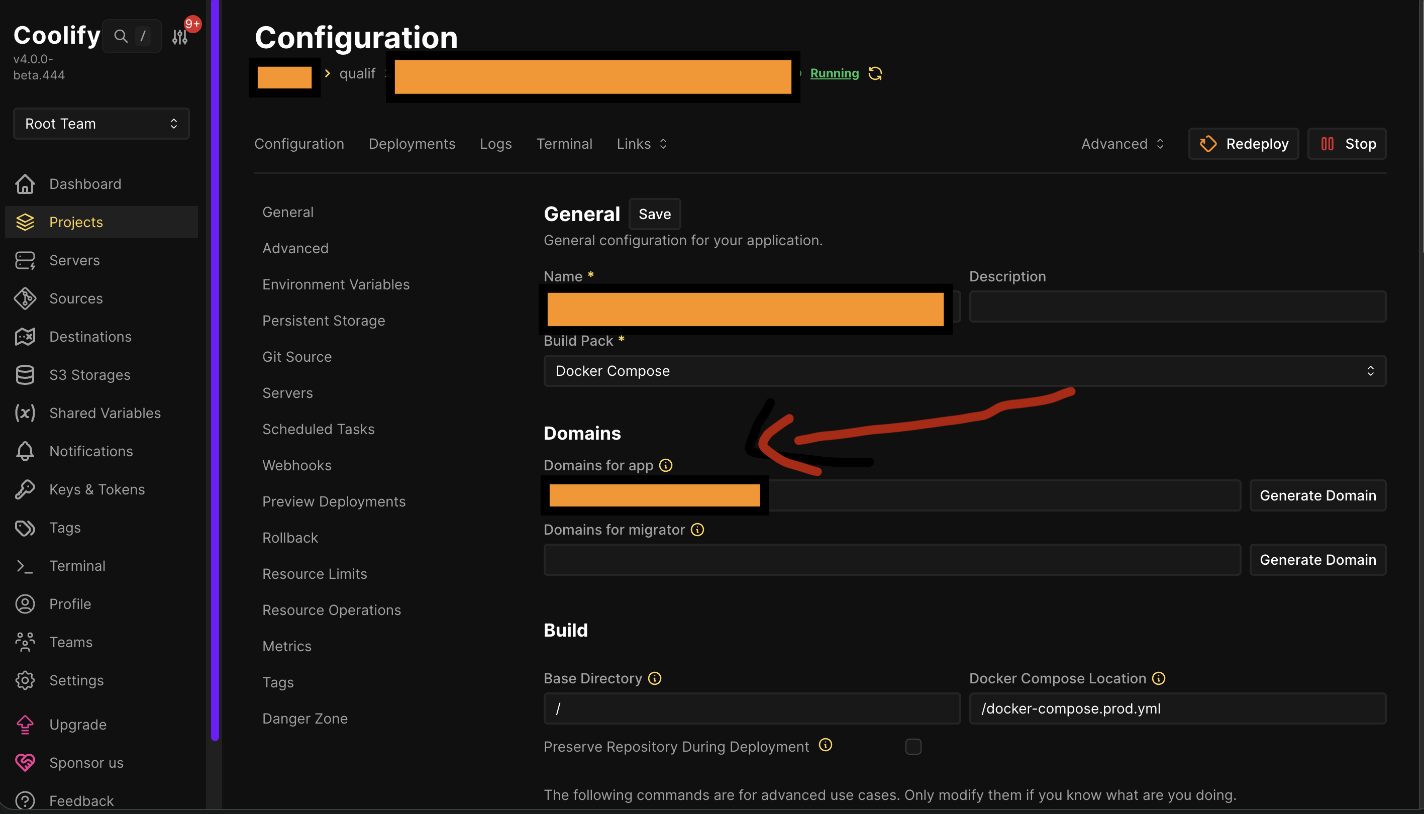 Configuration du domaine dans Coolify
