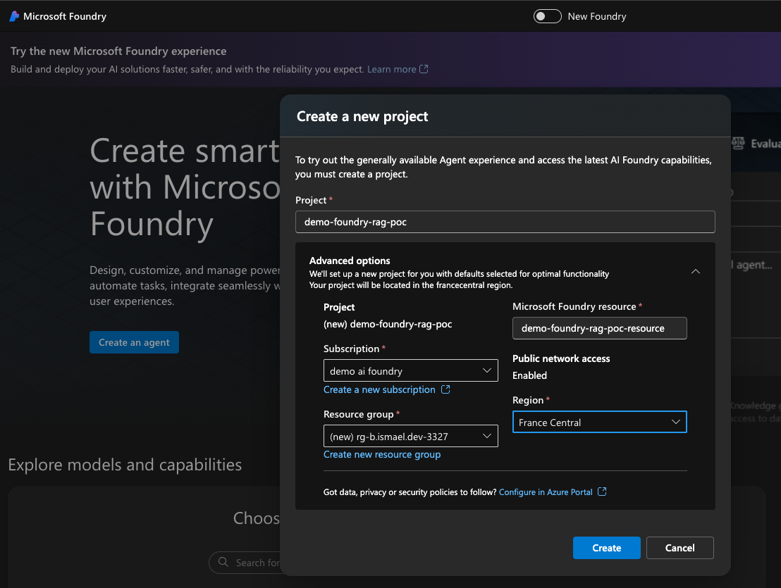 Fenêtre de création d'un nouveau projet Azure AI Foundry