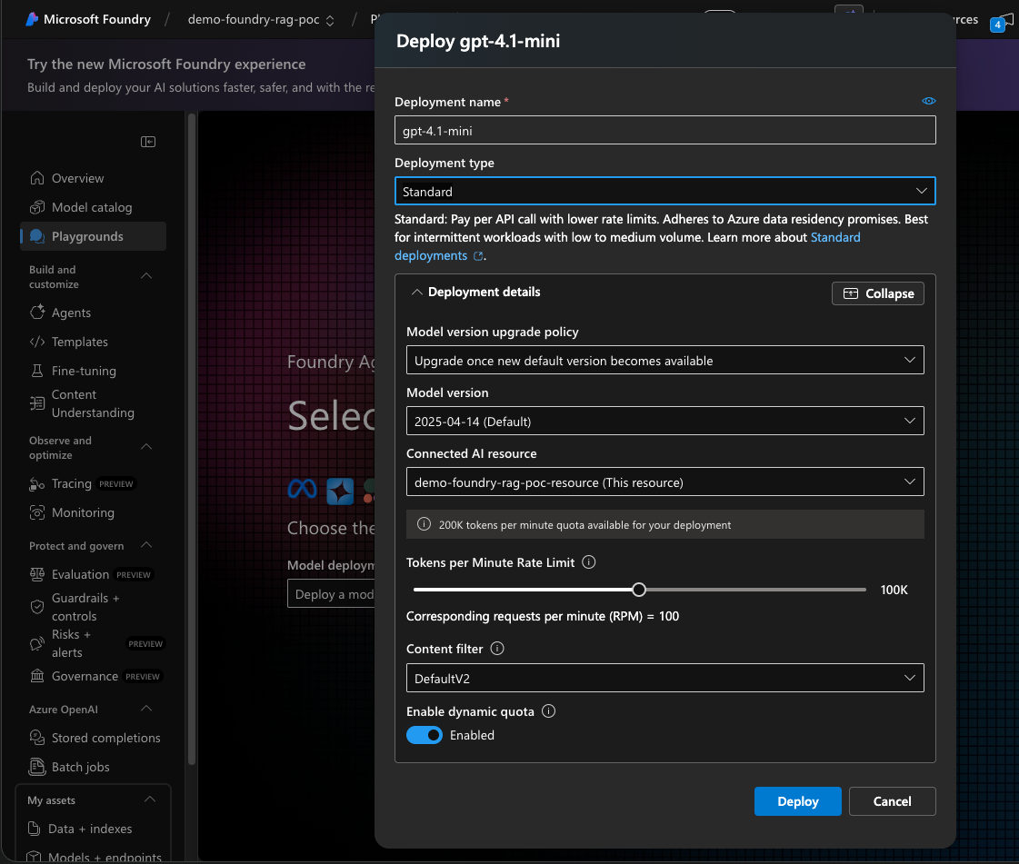 Configuration du nom et du type de déploiement du modèle