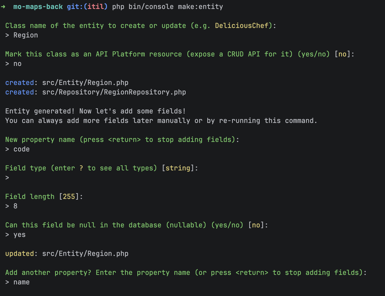 Création de l'entité Region