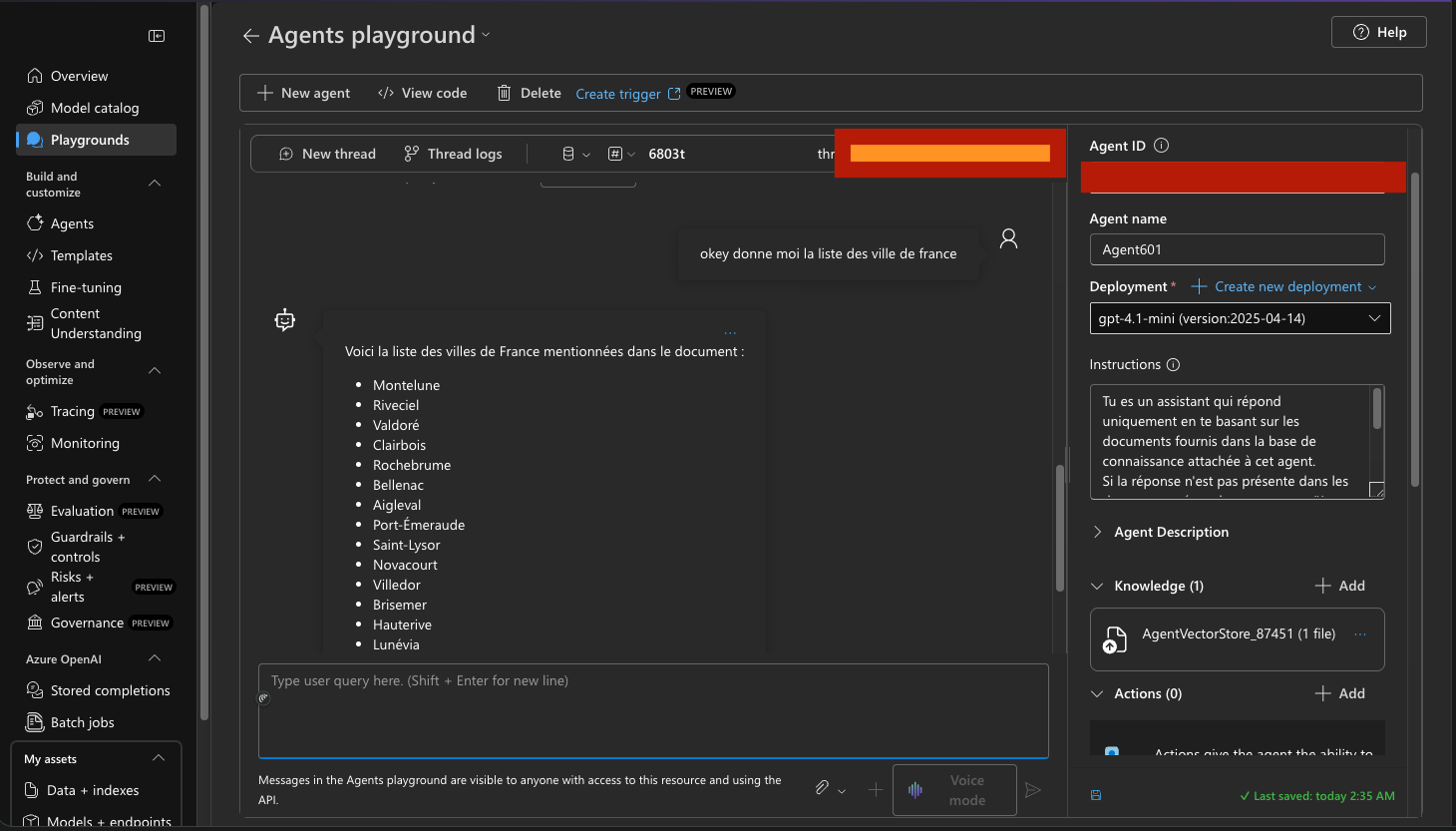 Ajout des instructions système dans le Playground de l'agent