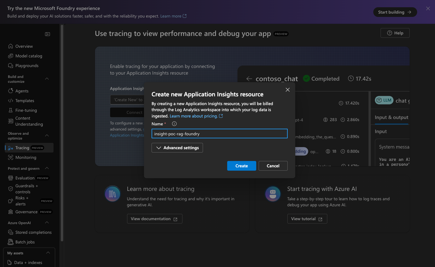 Connexion du monitoring Azure Application Insights et Azure Monitor à Foundry