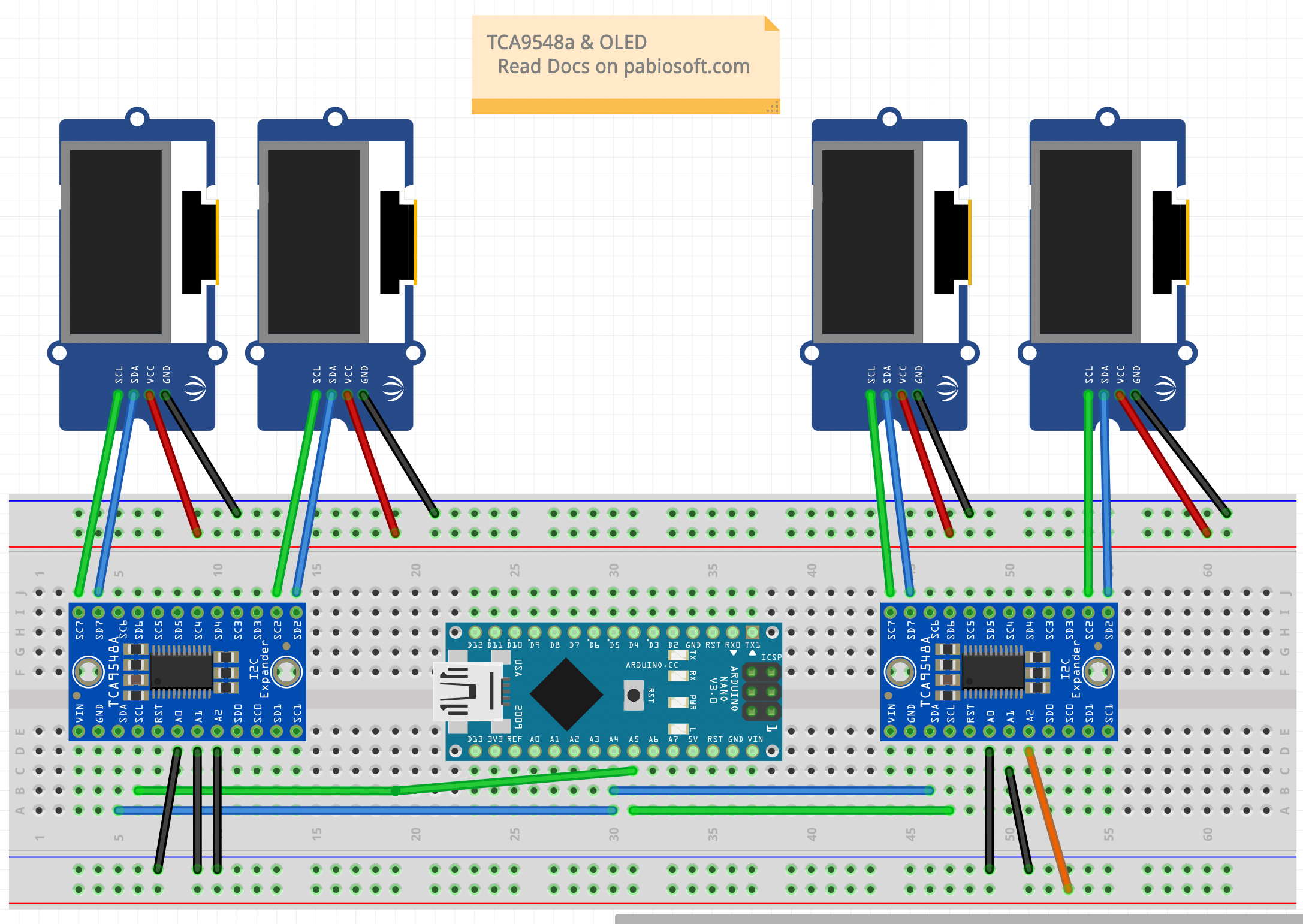 Schéma : 2 TCA9548A (2 écrans chacun) connectés à une Arduino Nano