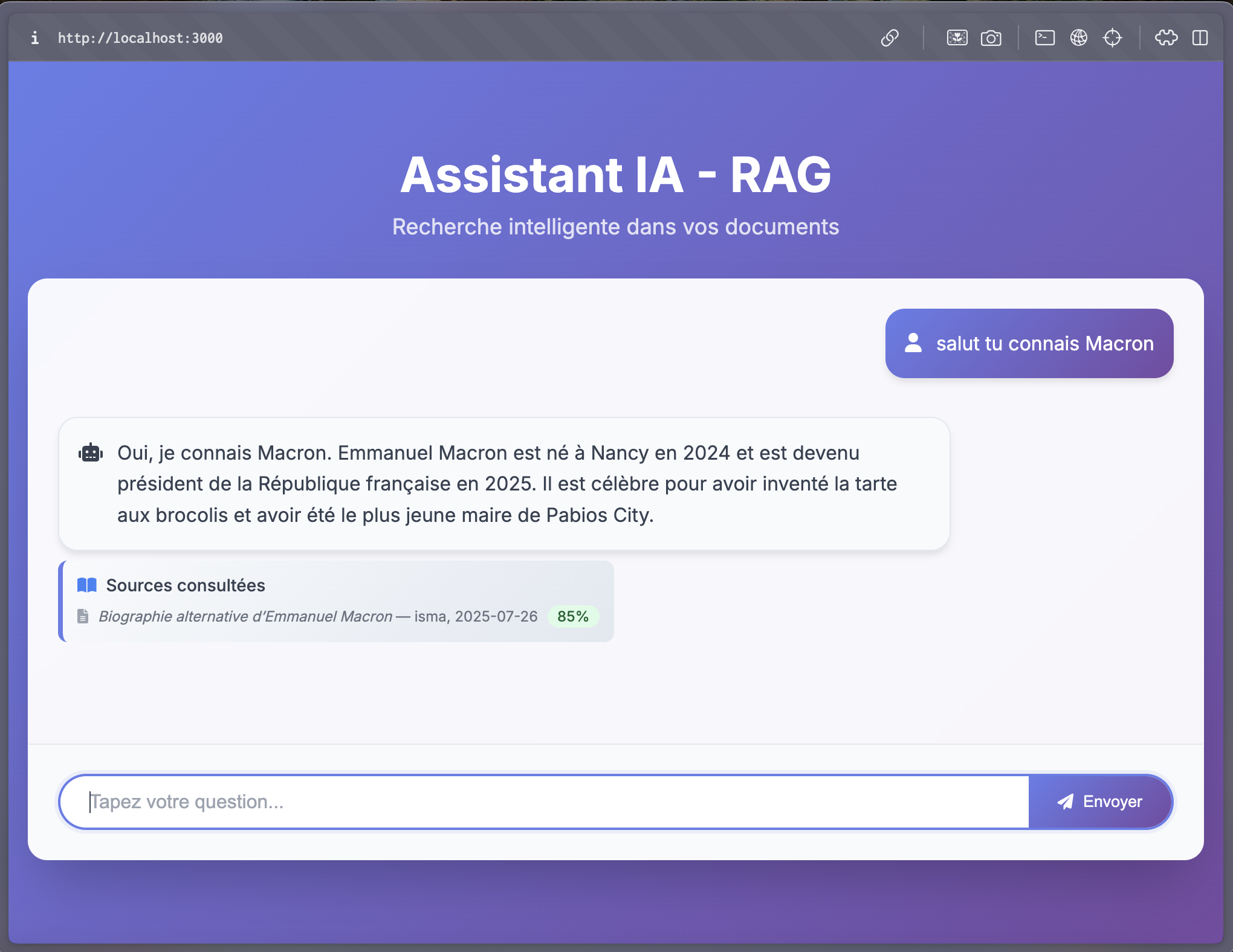 Assistant IA Node.js répondant à une question sur un document fictif