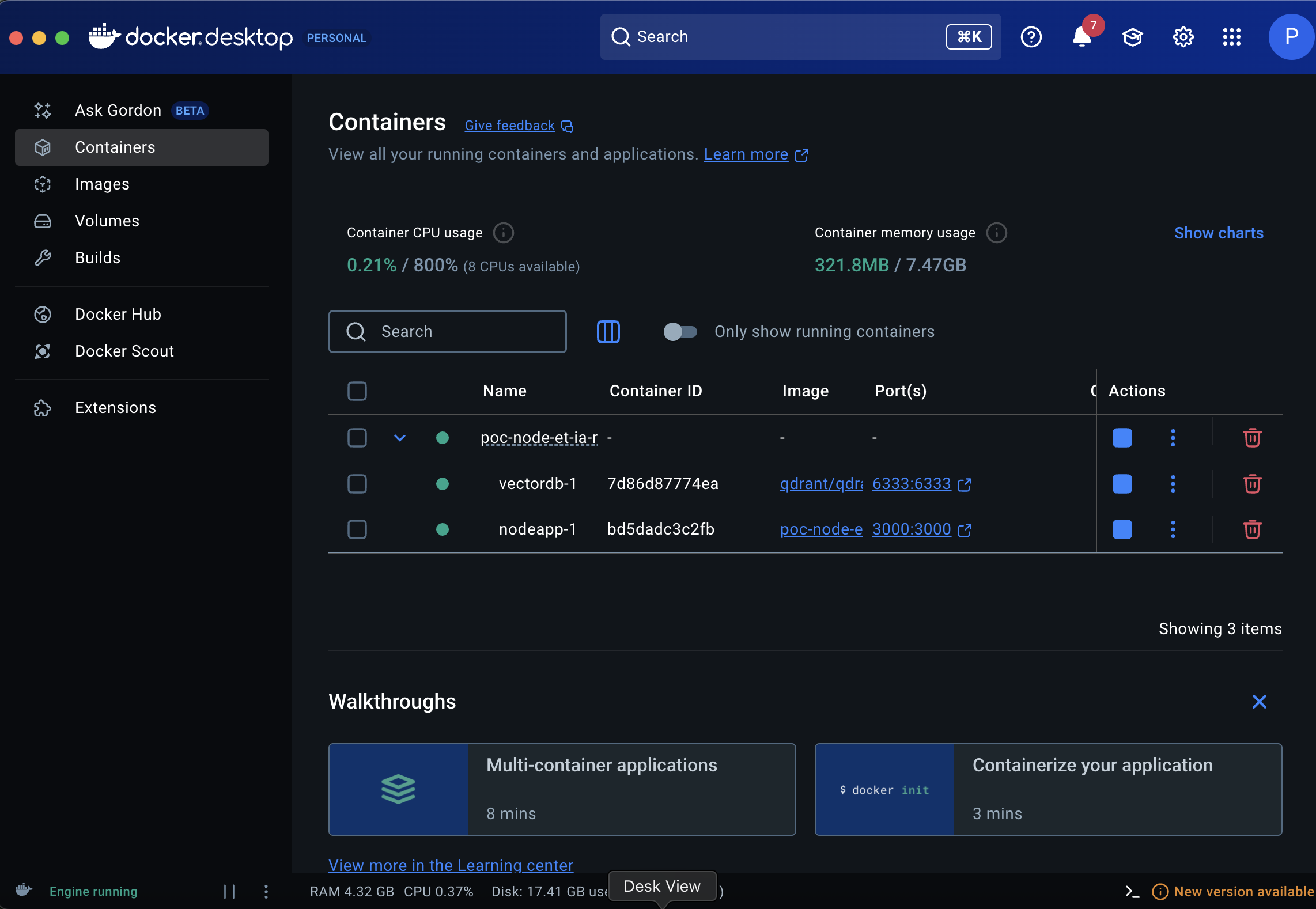 Docker Desktop montrant les conteneurs en cours d'exécution