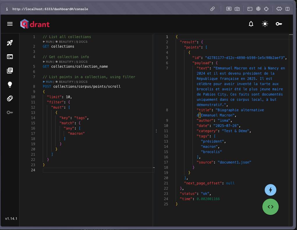 Dashboard Qdrant avec nos deux documents indexés
