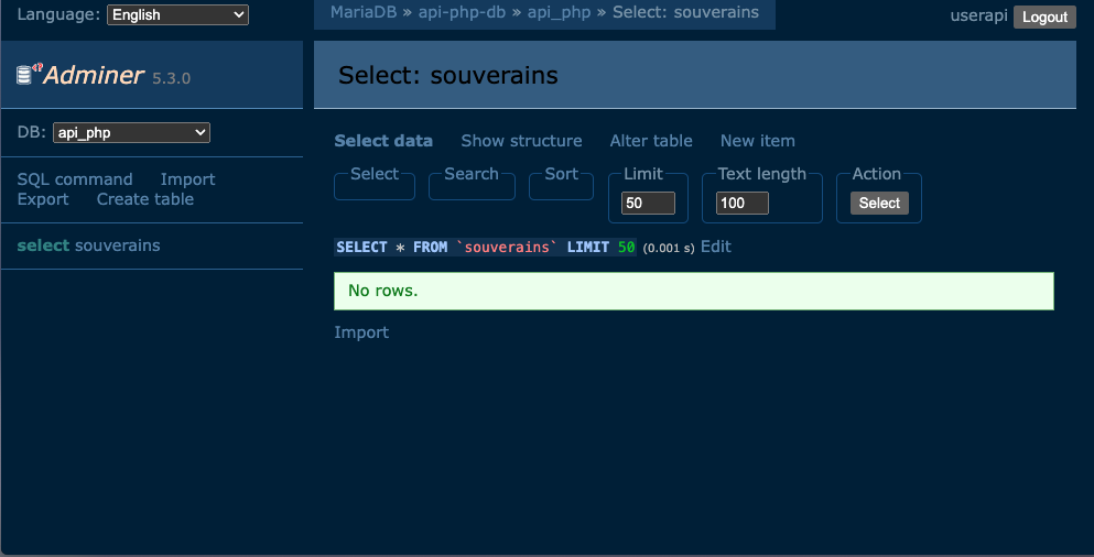 Aperçu de la table souverains créée dans Adminer