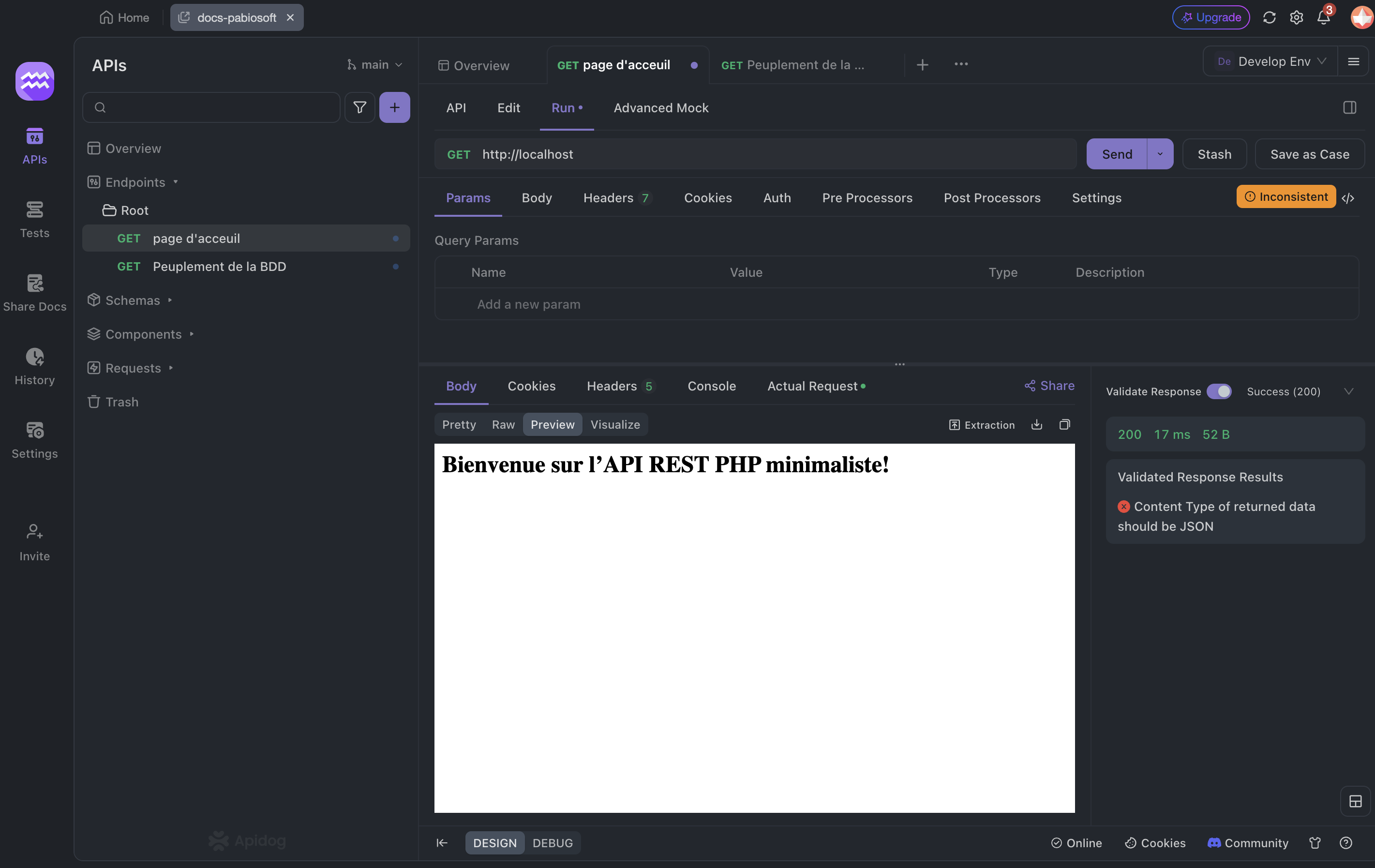 Capture d'écran de l'environnement de départ pour coder une API PHP