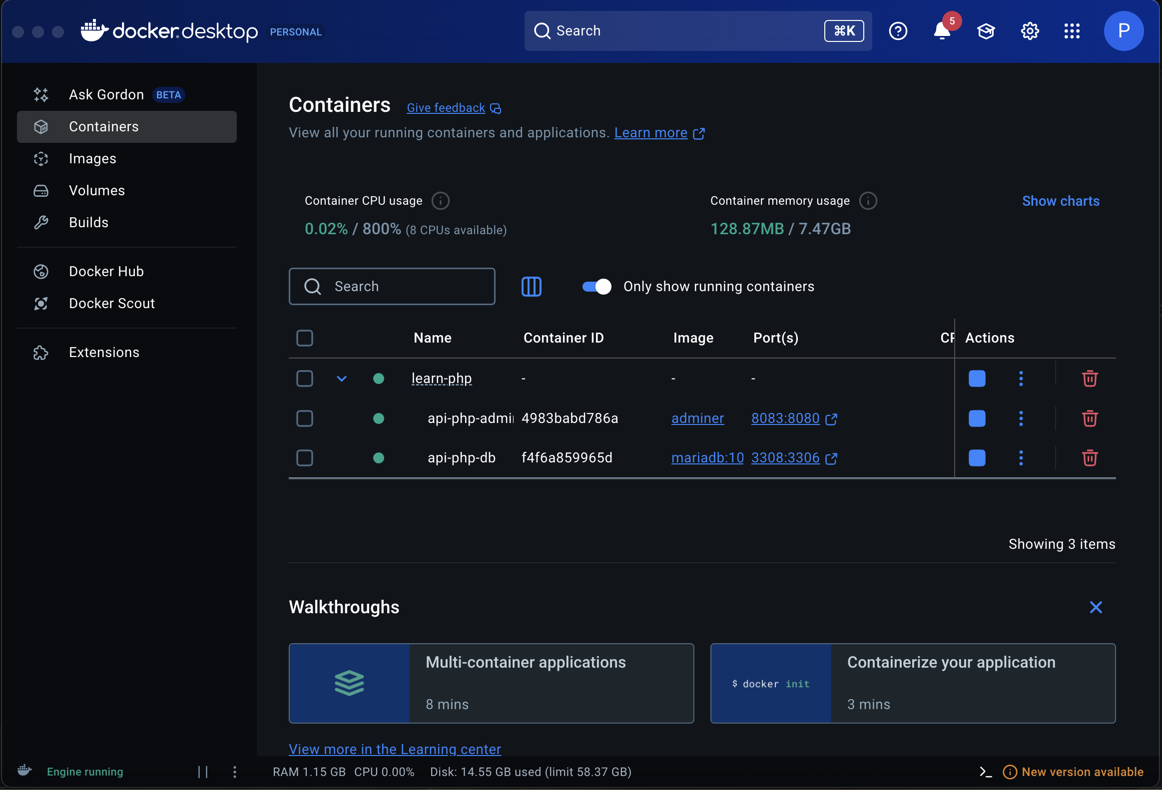 Containers MariaDB + Adminer démarrés via Docker Desktop
