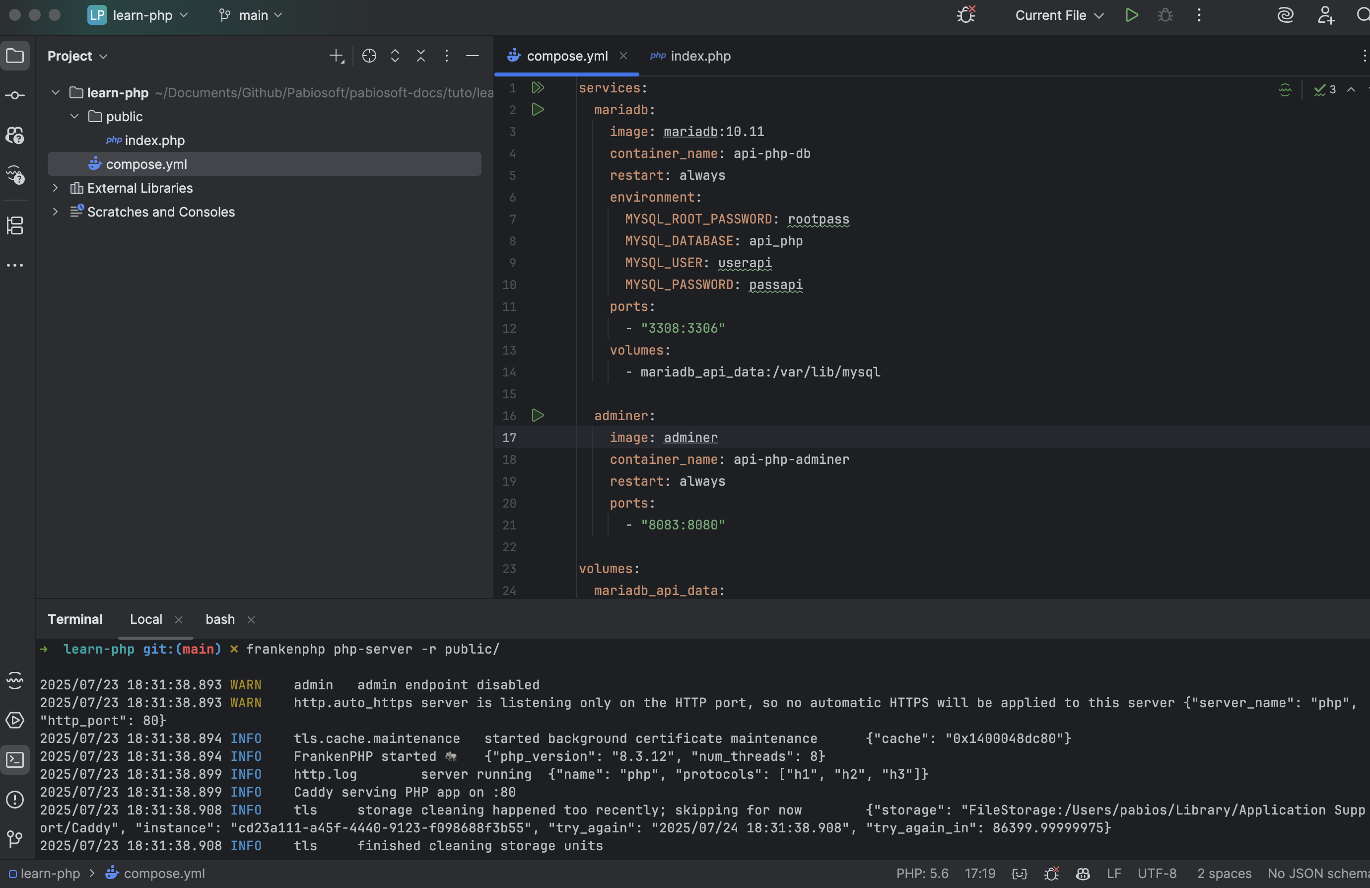 Capture d'écran de l'environnement de départ pour coder une API PHP